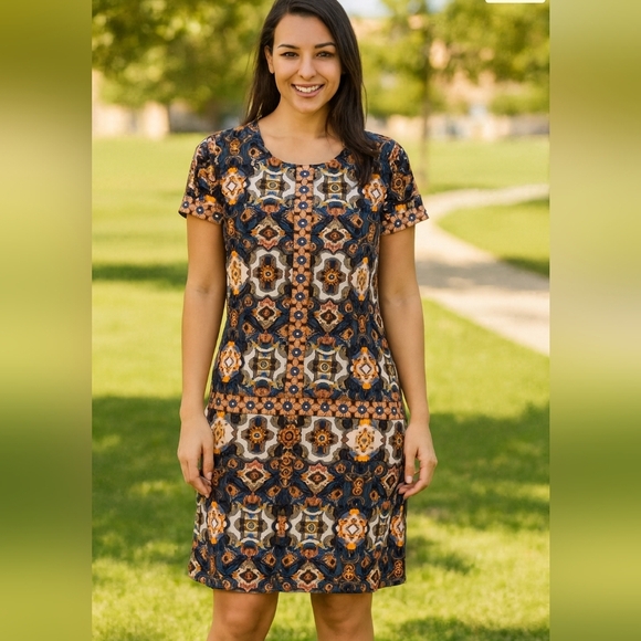 London Times 18 Patterned Midi Dress Geometric Boho Comfy Texture Plus Size Fall - Picture 1 of 6